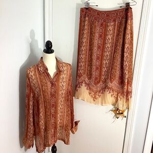 VTG DUE PER DUE WOMEN PLUS 2 PIECE SET 100% CRINKLED SILK BLOUSE 16W  SKIRT 14W